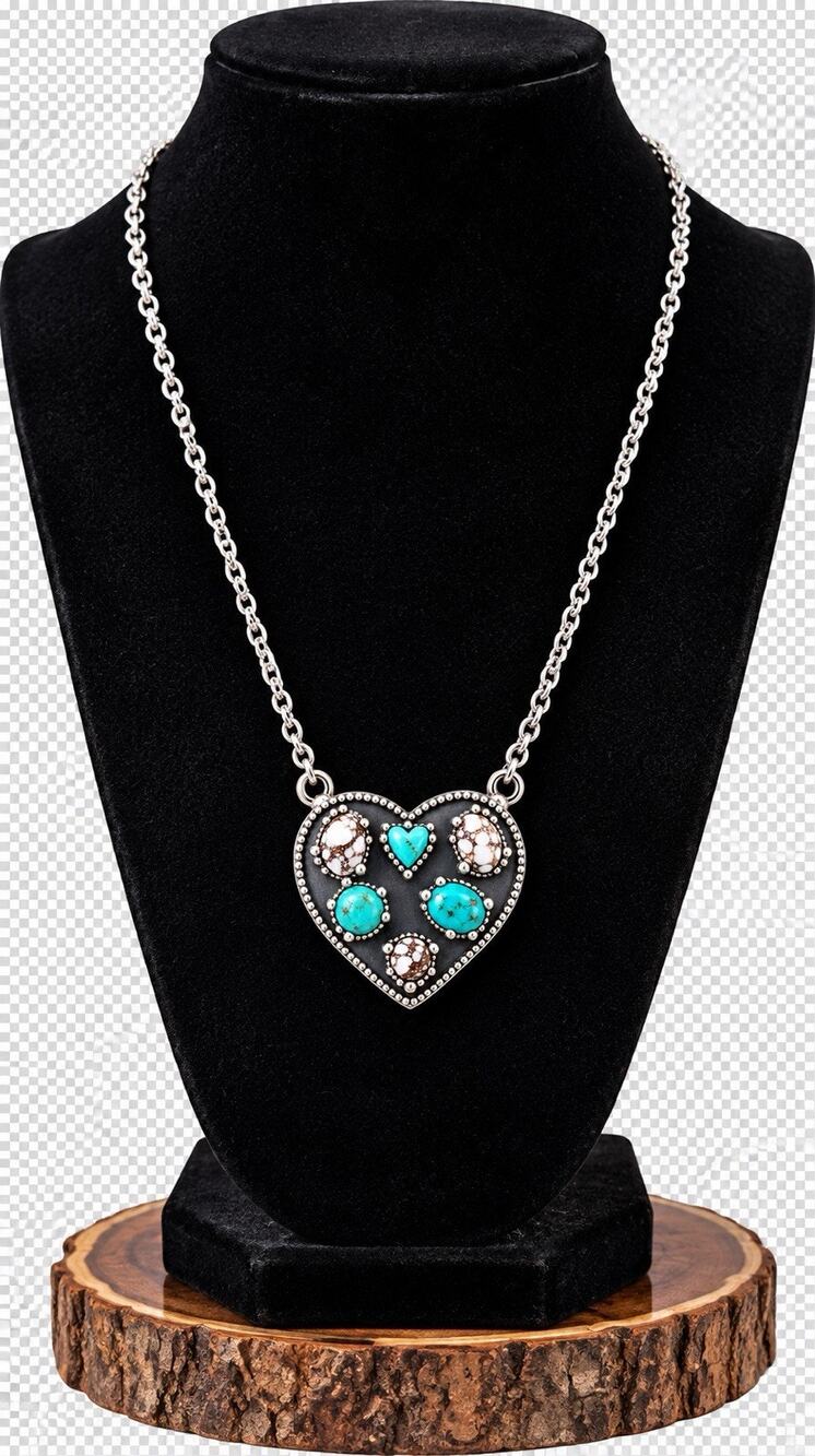 Heart In A Heart Kingman & Wild Horse Turquoise Cluster Pendant SS 925 Necklace